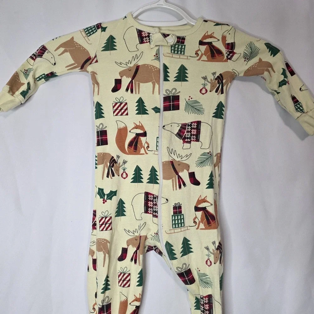 9-12M Footed Pajamas Holiday Animals Zip Up‎ Sleeper Christmas Forest Print